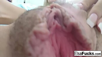 Elsa Jean, The Petite Blonde, Stimulating Her Unshaven Nether Region With Her Fingers