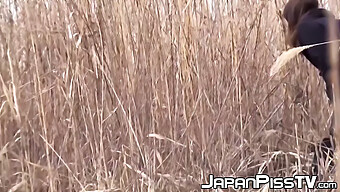 Colegialas Japonesas Adolescentes Hacen Una Pausa Para Un Descanso Para Orinar Al Aire Libre