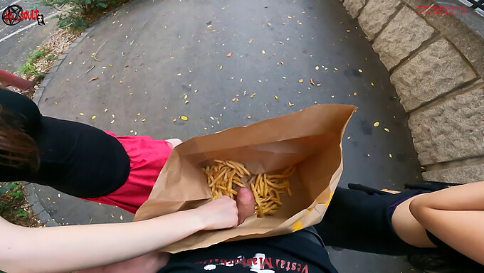 Italian Teen Gets A Double Handjob In Public With Fries